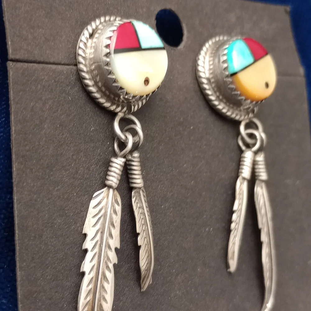Sterling Silver Feather Earrings with SunFace Multicolor Inlay Studs Signed PH - Picture 15 of 15